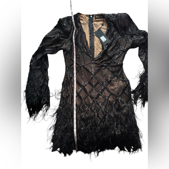 **Brand New ** Amber Deep V Embellished Feather Trim Mini Dress - Black - Picture 13 of 14